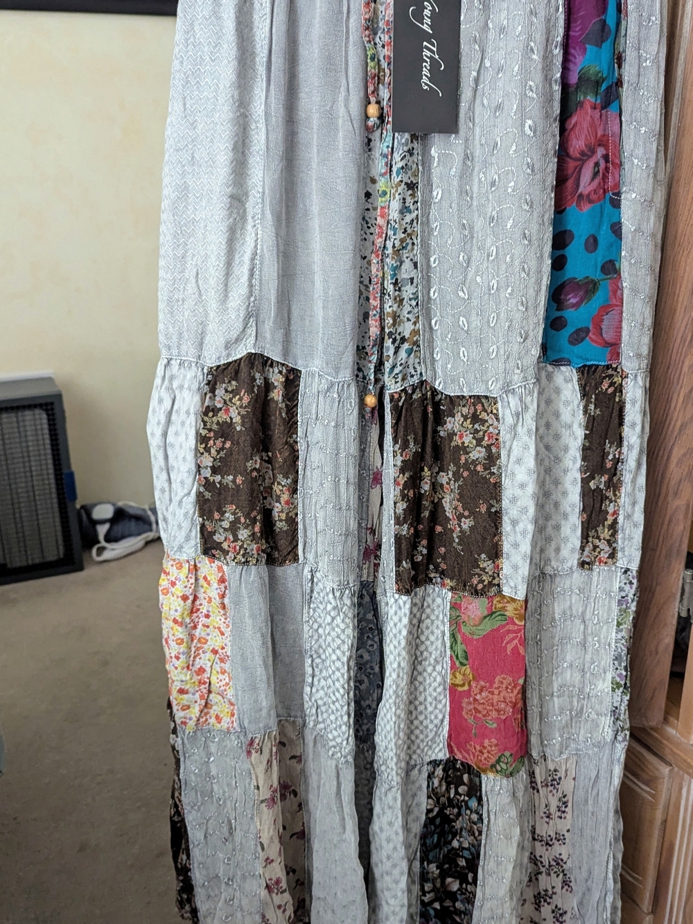 Boho Patchwork Tiered Pants - Gray with Multicolor Floral Panels.